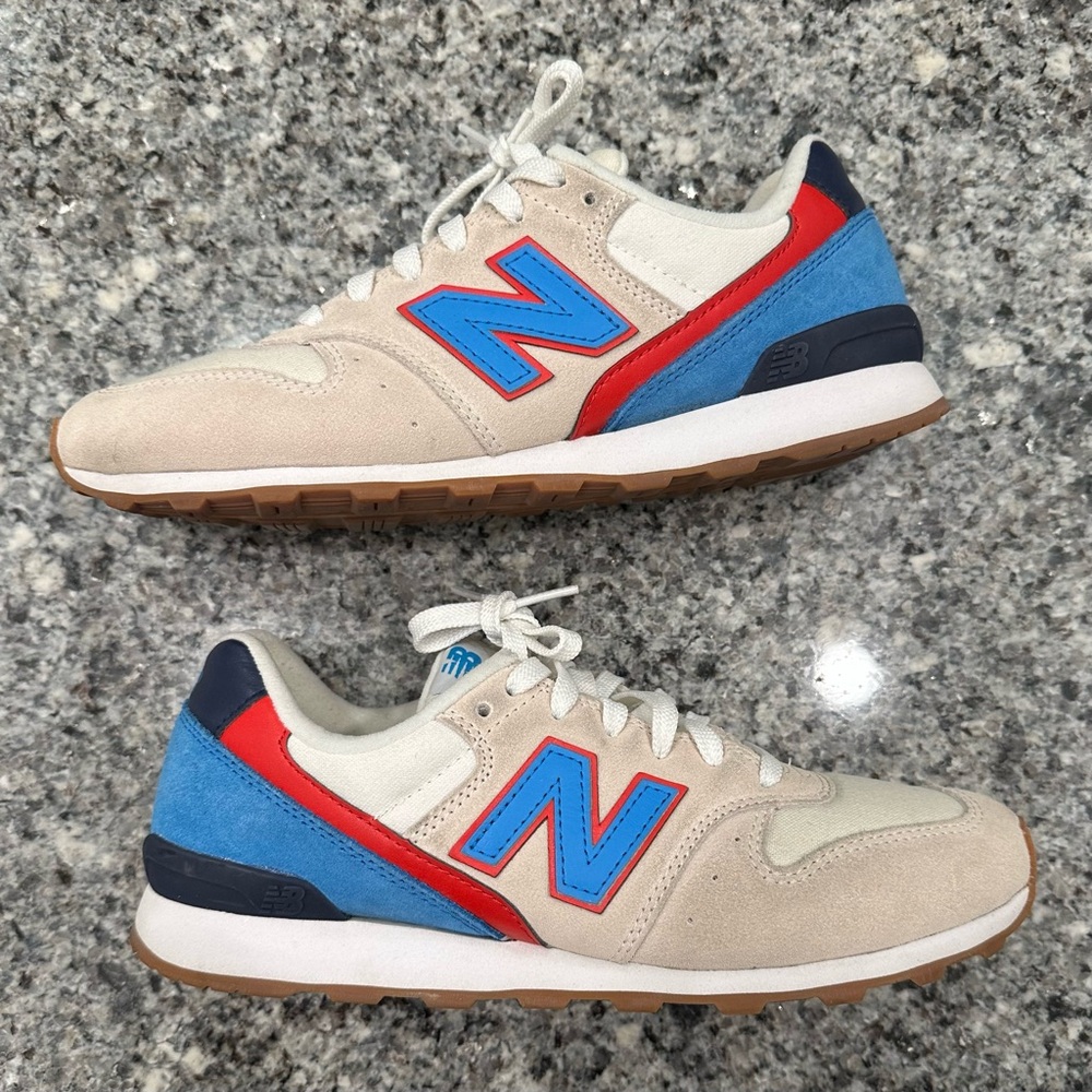 New Balance 696 Cream Sneakers with Blue and Red Highlights